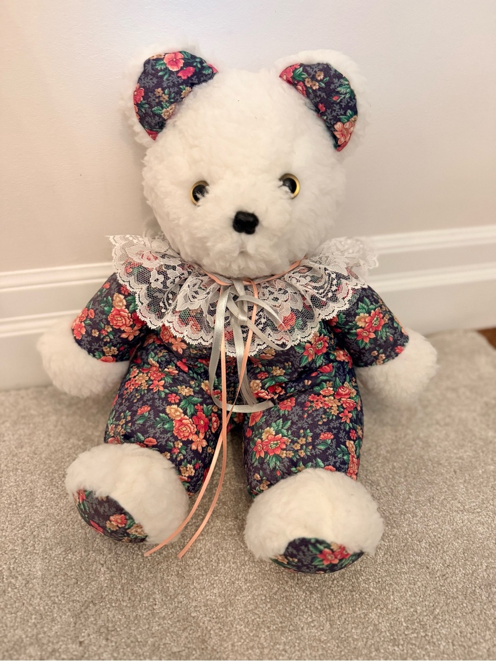 White Plush Teddy in Floral Outfit with Lace Collar hand made
